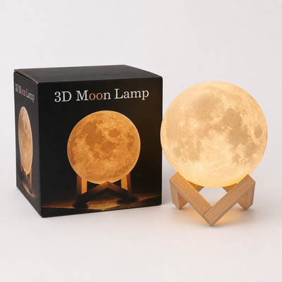 Lámpara Luna 18 cm con caja y lámpara encendida